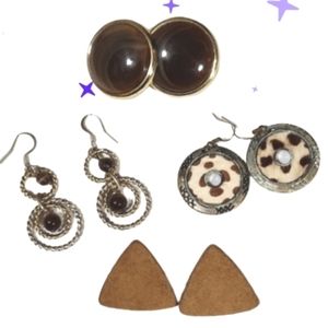 4 pairs vintage earrings, browns, suede, faux fur,..